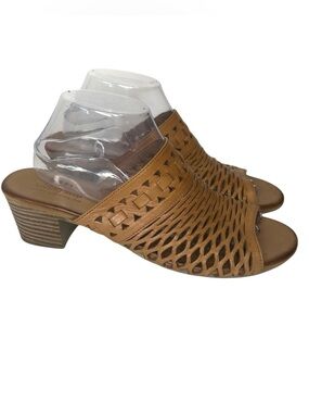 SPRING STEP Womens Size 42 Anika Brown Tan Lattice Leather Heeled Slide Sandals.